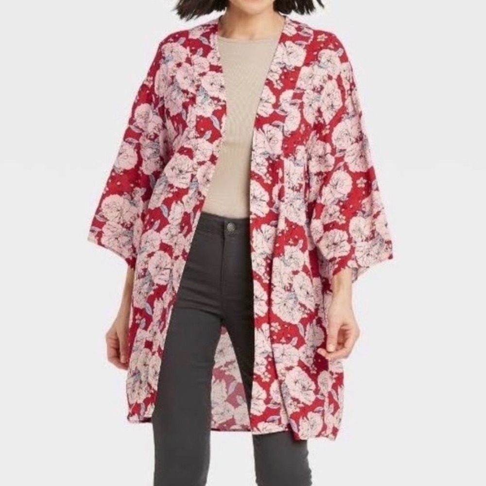 Knox Rose Red Floral Kimono Open Front Cardigan Womens XL/XXL  Beach Boho‎ READ